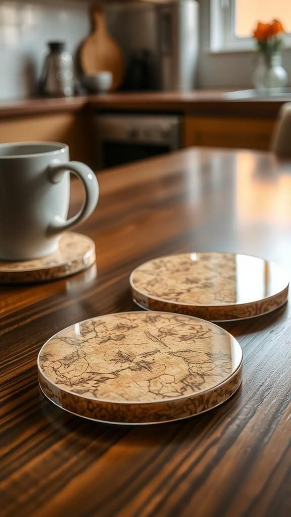 21 Wine Cork Upcycle Home Decor Crafts 18 Resin-topped coasters with embedded cork mosaics