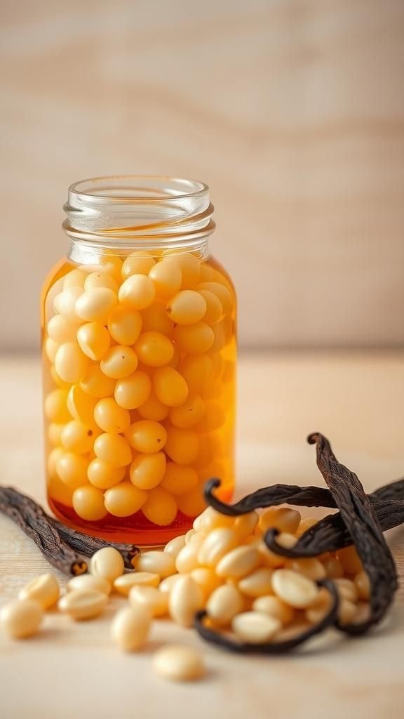 Vanilla bean bath oil pearls in amber jars